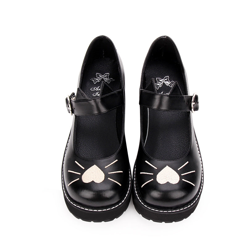 Lolita Cat Embroidered Platform Shoes - Secure Buckle Fit