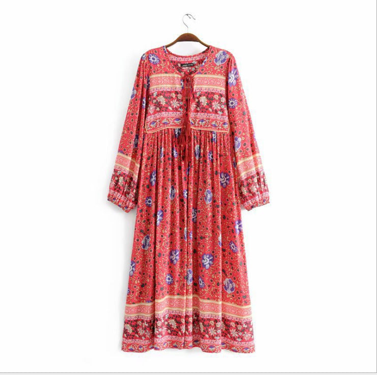 Bohemian Floral Print Maxi Dress - High Waist Kimono Style