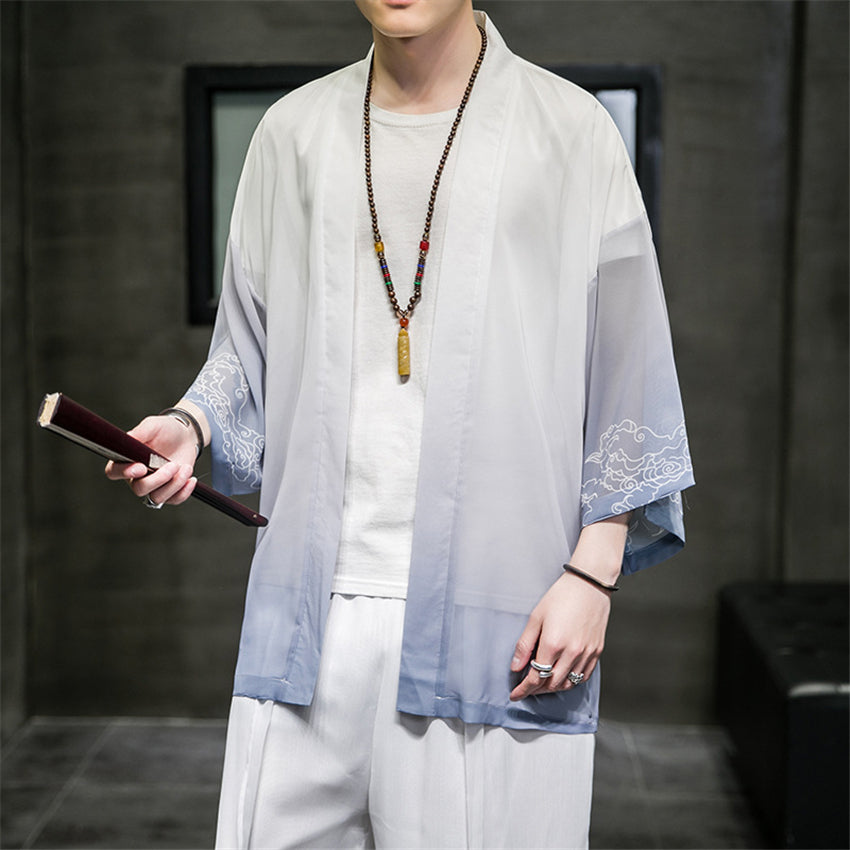 Men's Ice Silk Hanfu Cardigan - Casual Oversize Jacket