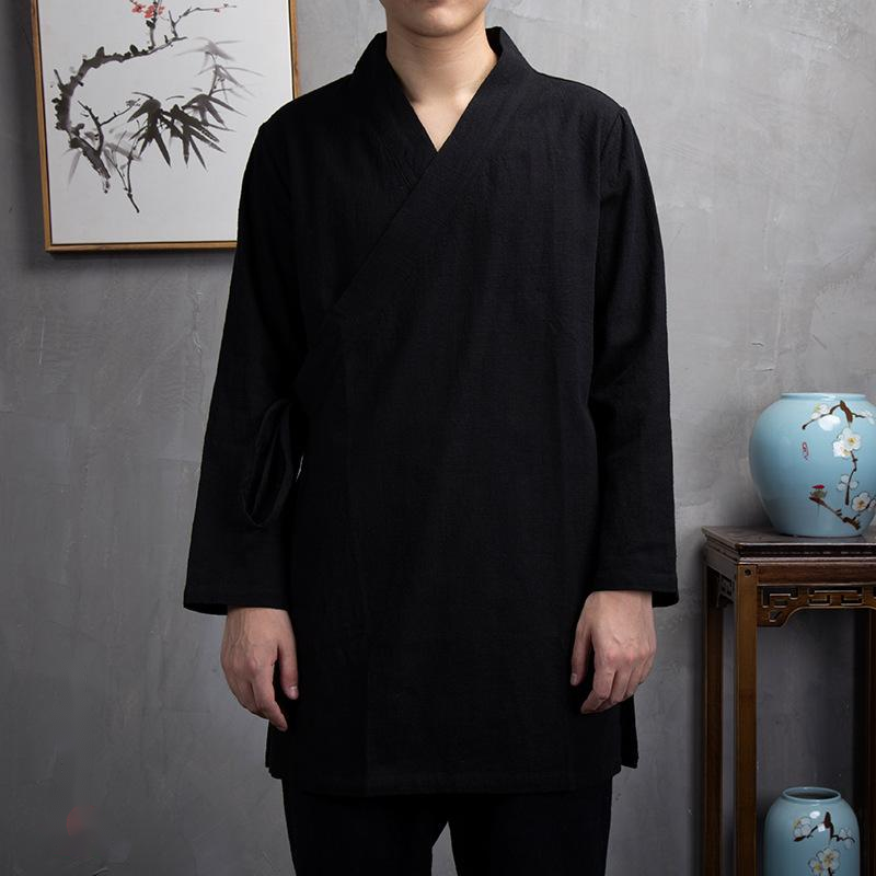 Mid-Length Hanfu Kimono for Men - Linen Temple & Casual Wear