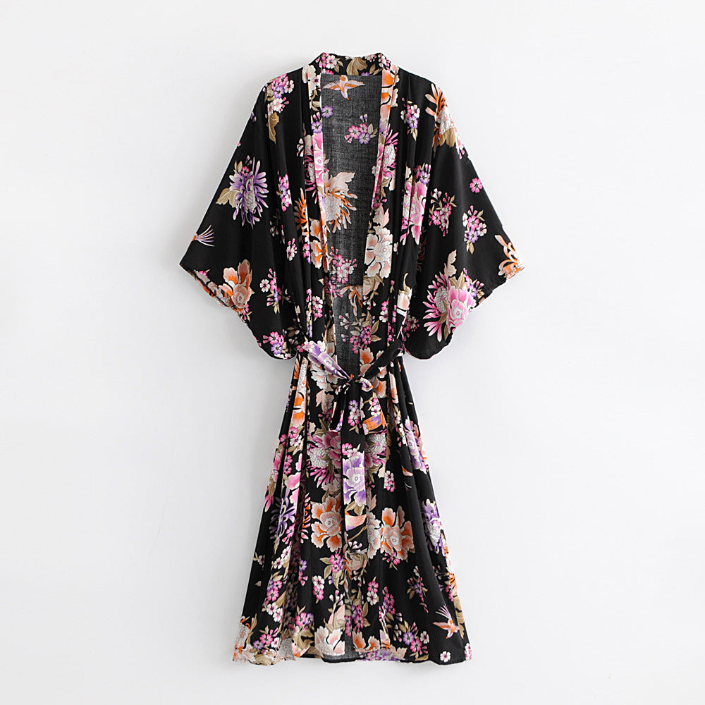Bohemian Floral Print Kimono Robe - Soft Cotton for Women