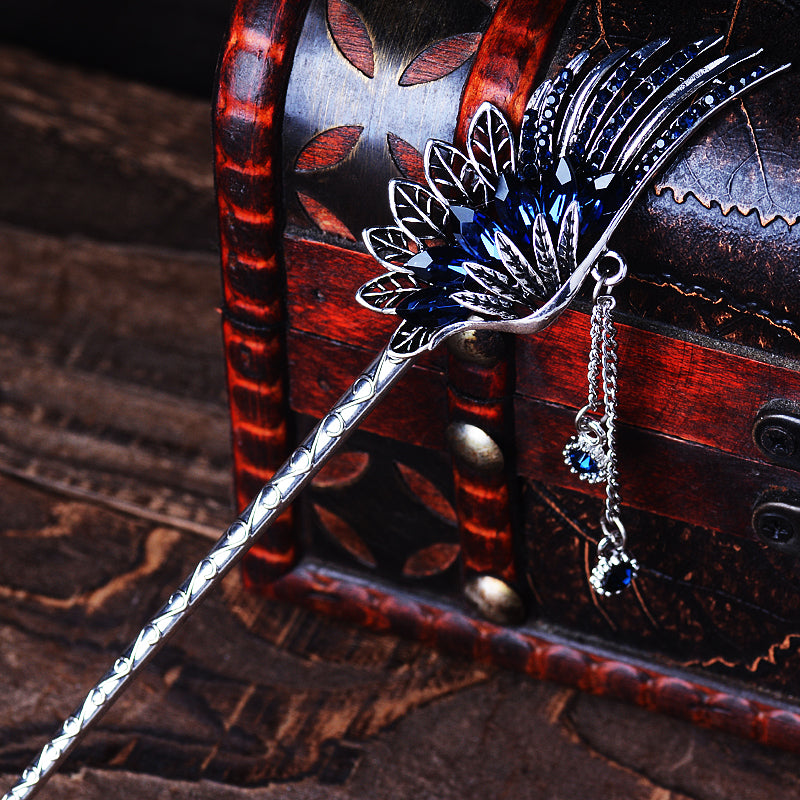 Feather Rhinestone Tassel Hairpin - Retro Hanfu Hair Accessory