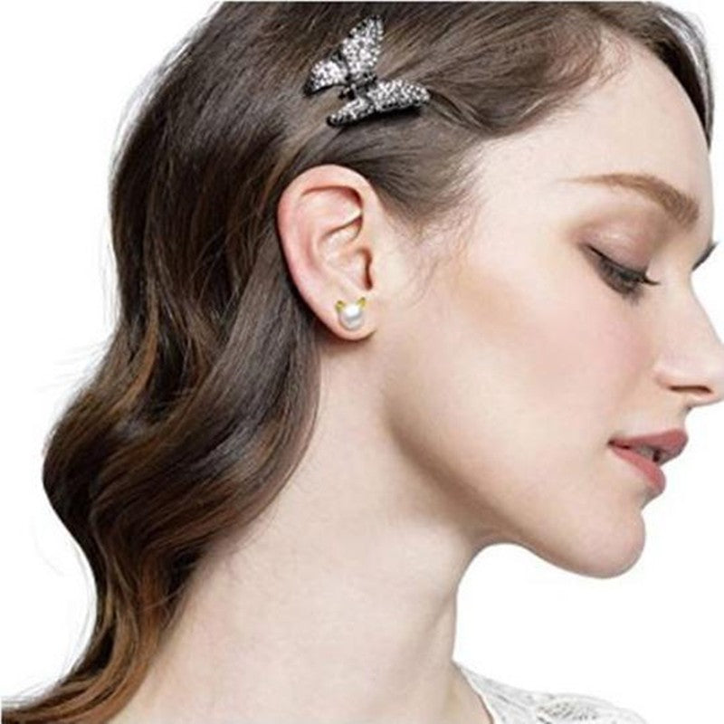Cat Ear Stud Earrings with Pearl Accents - Kawaii Jewelry
