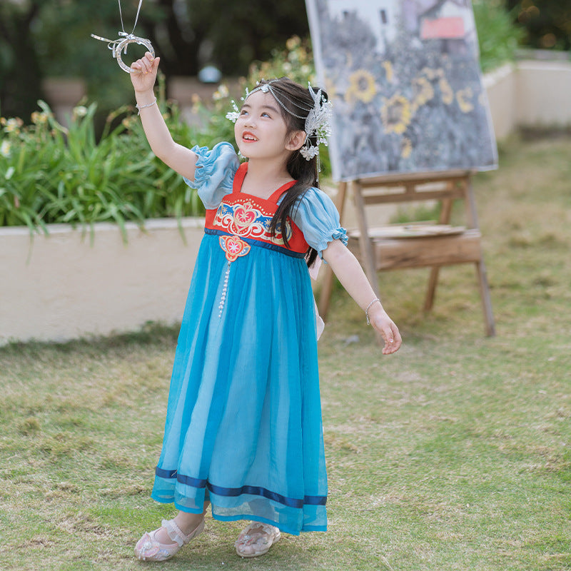 Girls' Hanfu Princess Dress - Modern Summer Polyester Style