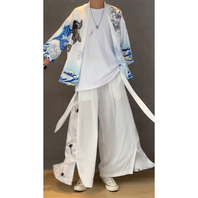 Japanese Kimono Jacket - Three-Quarter Sleeve, Stripe Pattern