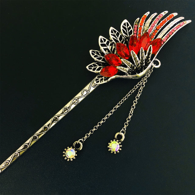 Feather Rhinestone Tassel Hairpin - Retro Hanfu Hair Accessory