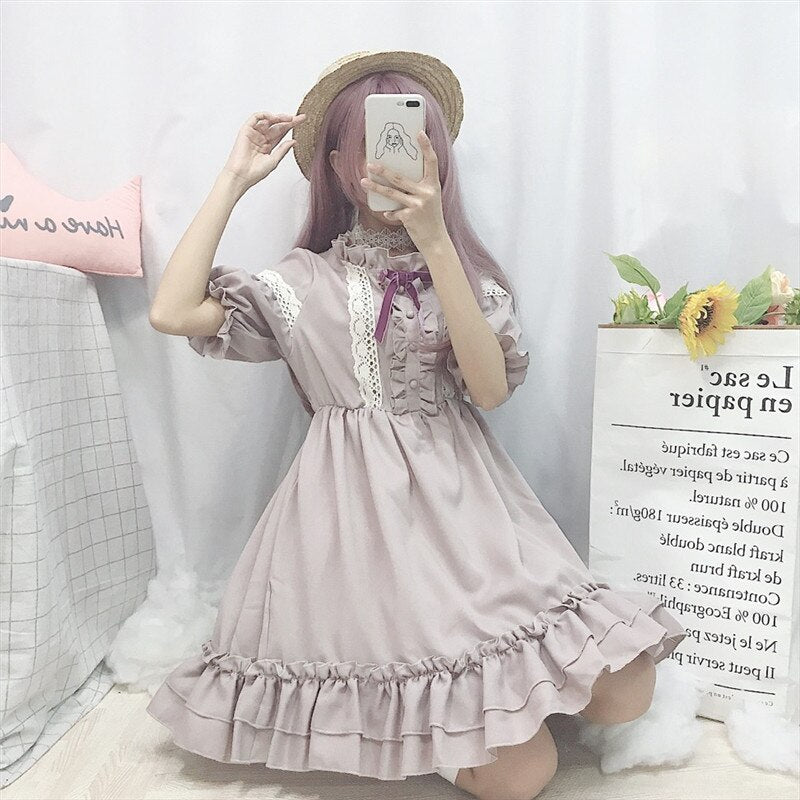Japanese Retro Lace Lolita Dress - Lantern Sleeve Summer Style