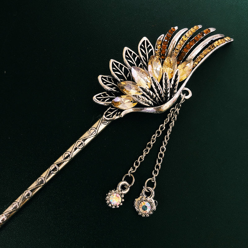 Feather Rhinestone Tassel Hairpin - Retro Hanfu Hair Accessory