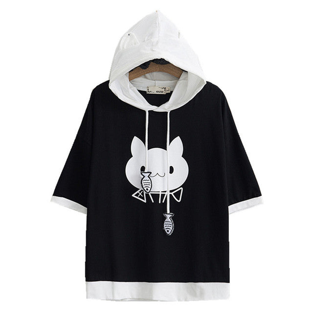Harajuku Kawaii Cat Ear Hoodie - Pullover With Paw Details