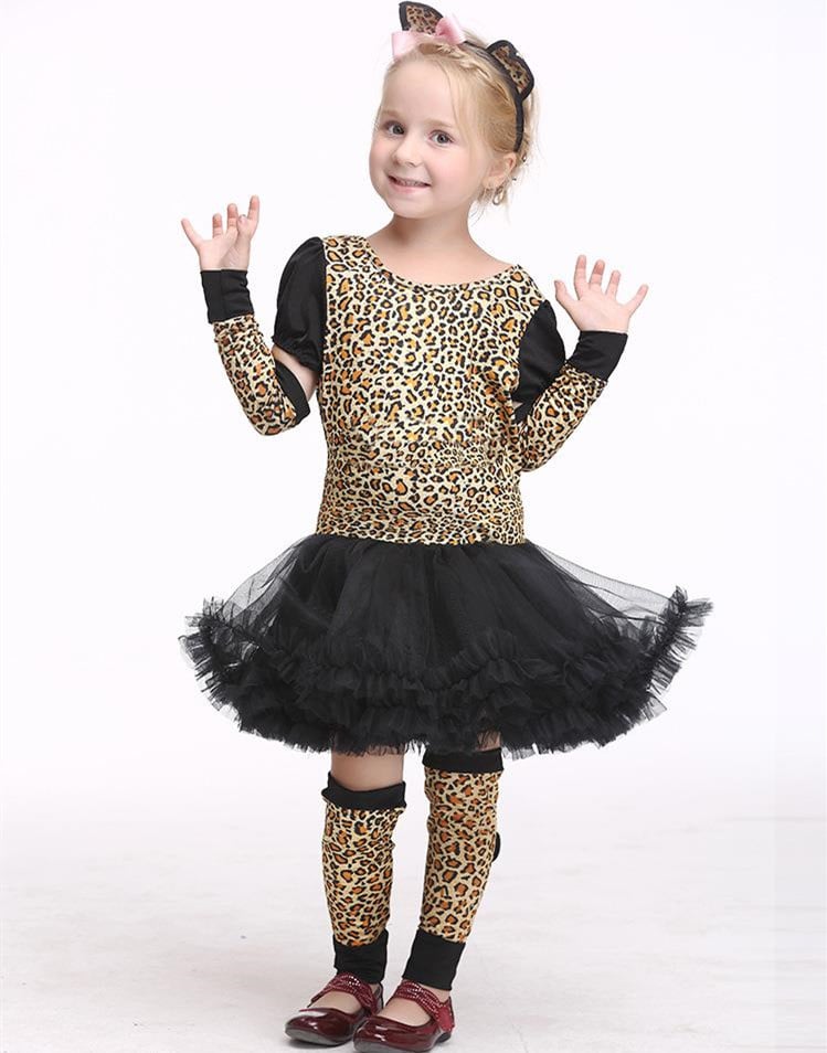 Kids Leopard Cat Costume - Tutu Dress, Ears & Leg Warmers Set