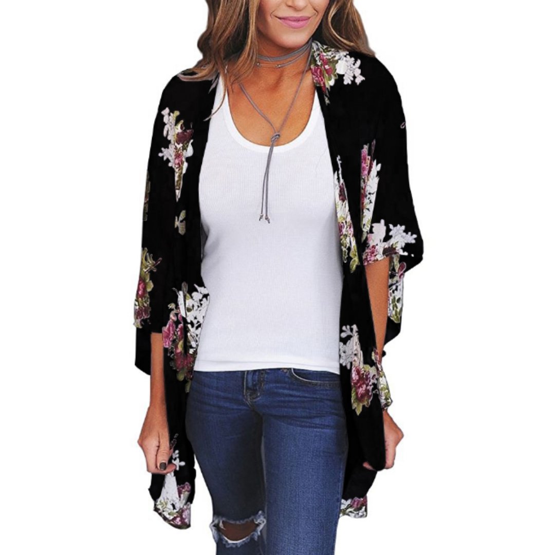 Flower Print Kimono - Loose Polyester Open Blouse Layer