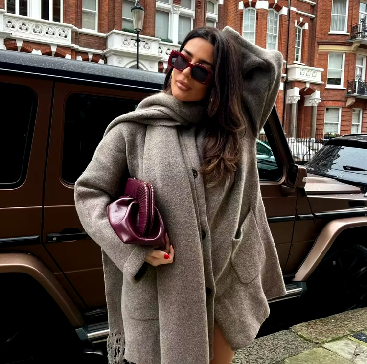 Hooded Cape Coat with Scarf - Cozy Knit Layering Piece