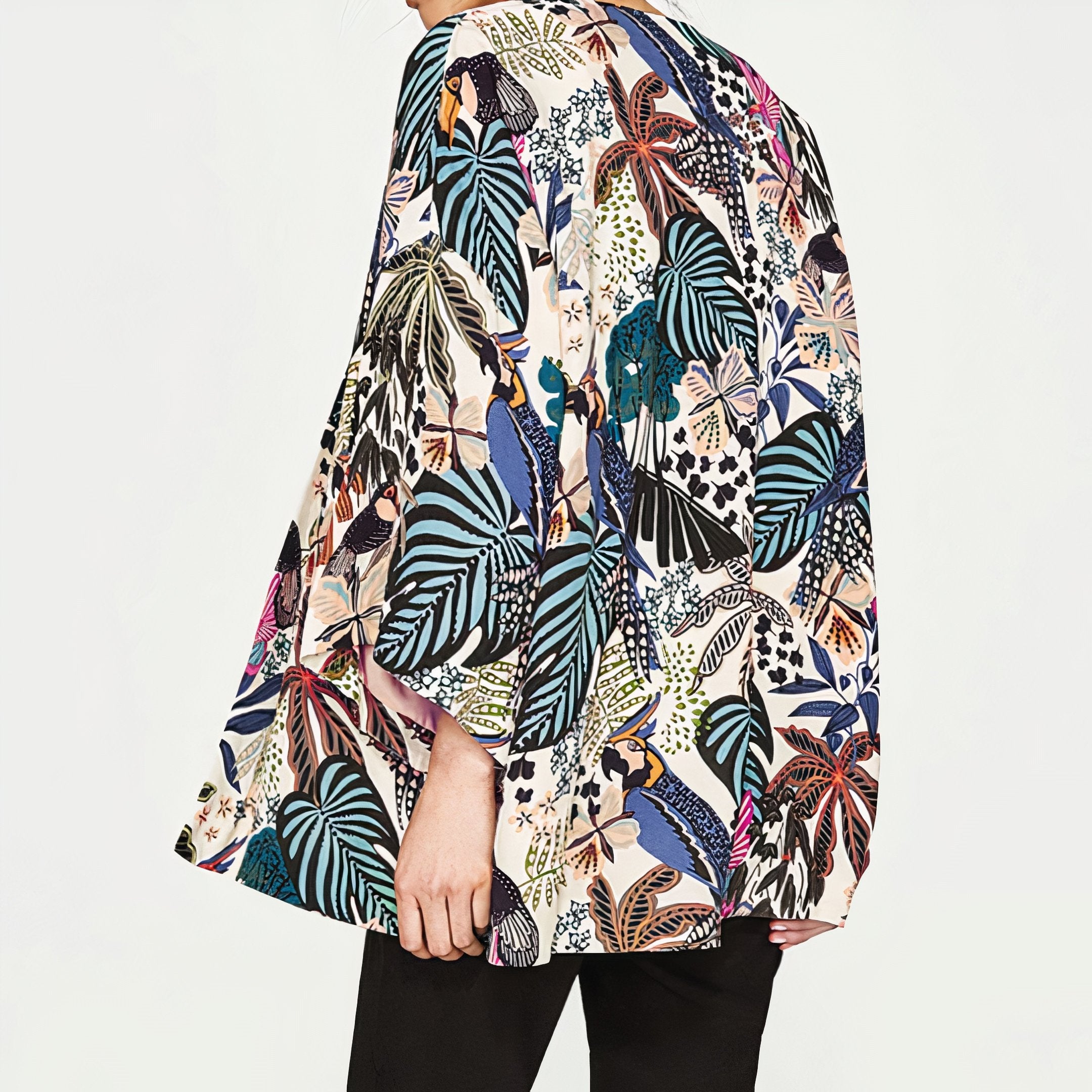 Tropical Print Kimono Cover-Up - Lightweight Open Front