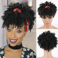 Afro Kinky Curly Headband Wig with Bangs - Short Synthetic High Puff Hair Wig, Black - back view