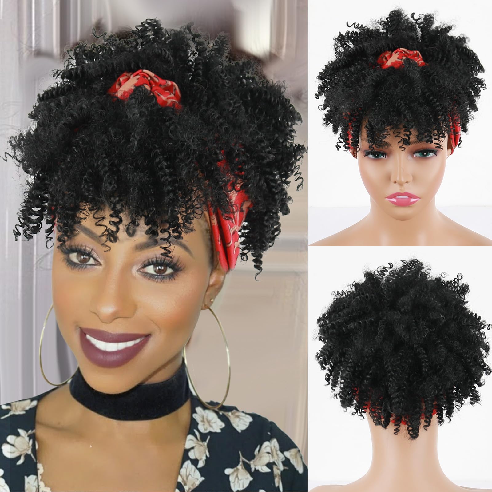 Afro Kinky Curly Headband Wig with Bangs - Short Synthetic High Puff Hair Wig, Black - back view