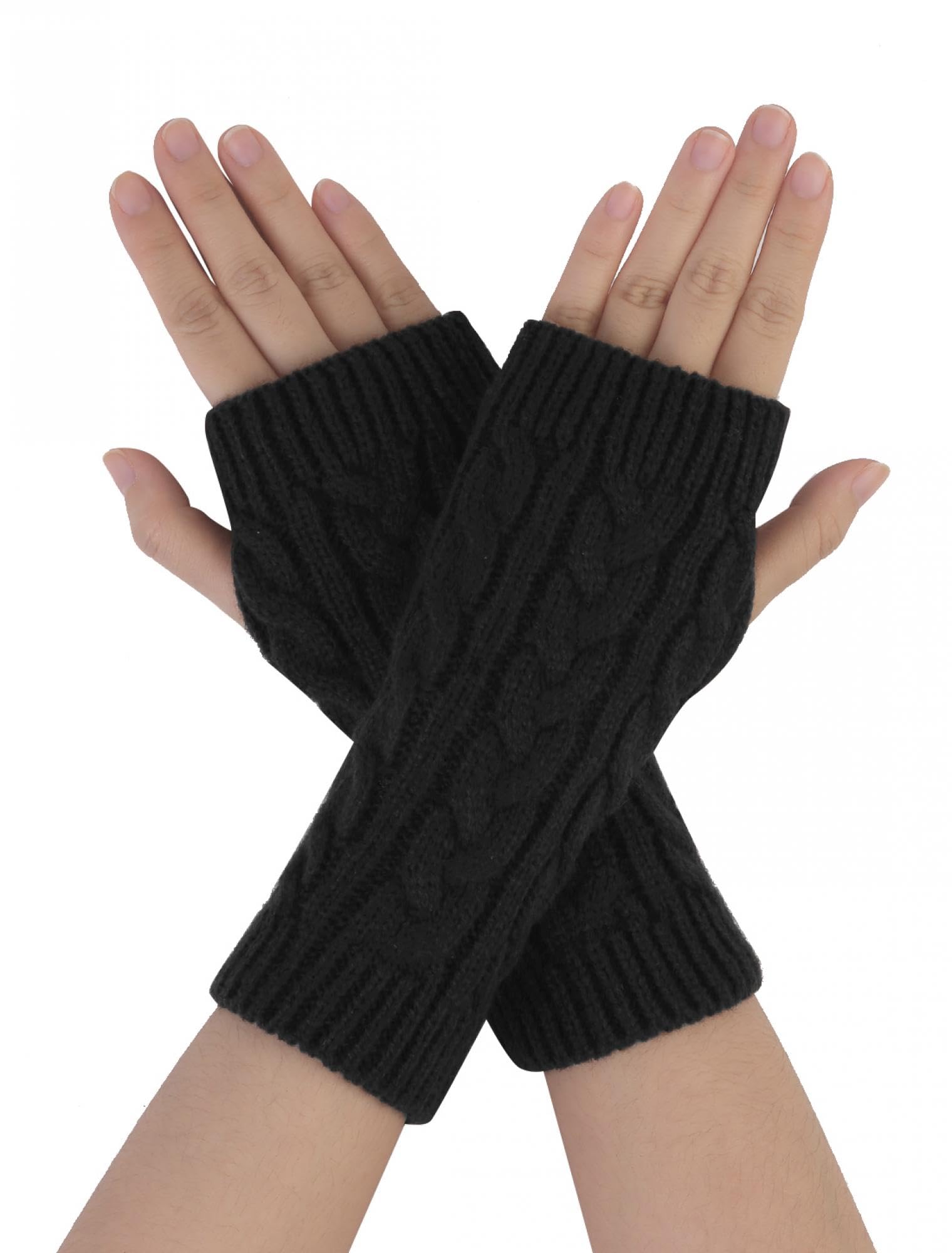 Allegra K Womens Ribbed Wrist Arm Warmers Stretchy Cable Knitted Fingerless Gloves One - front view