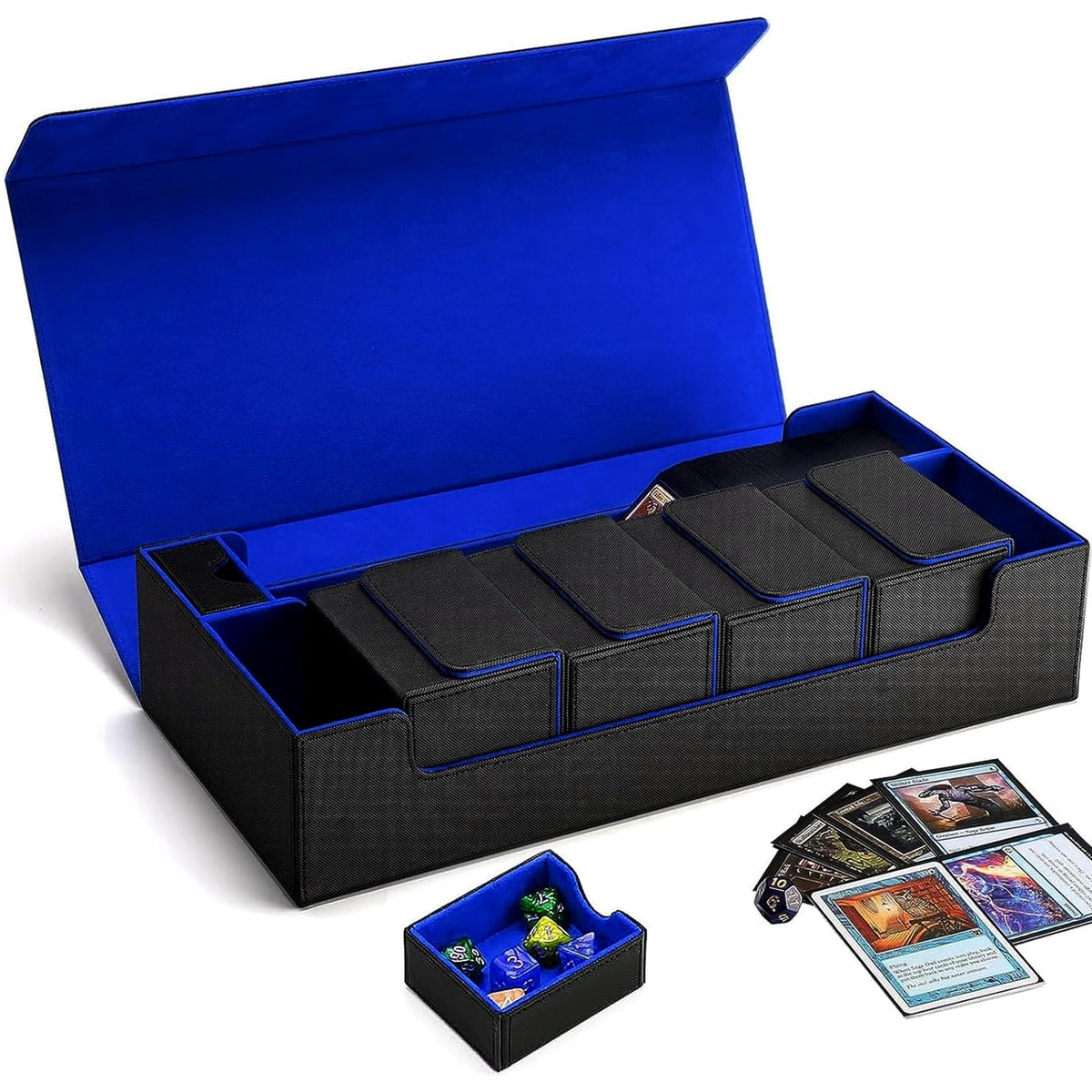 Anime TCG Deck Case - Holds 800 Sleeved Cards, Magnetic Close, Black & Blue - front view