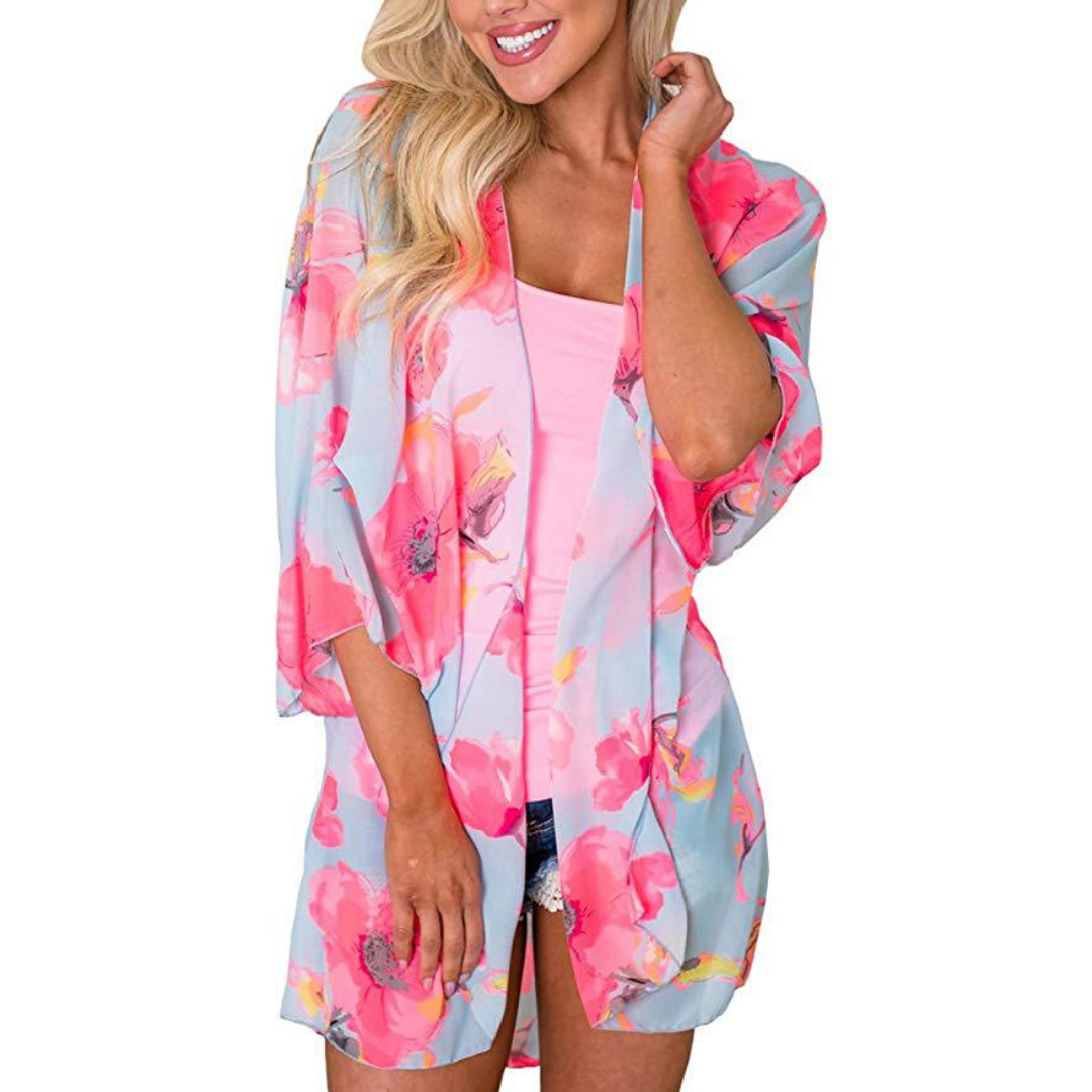 Flamingo Print Kimono Blouse - Loose Open-Front Polyester