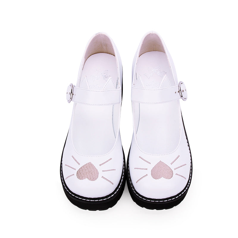 Lolita Cat Embroidered Platform Shoes - Secure Buckle Fit