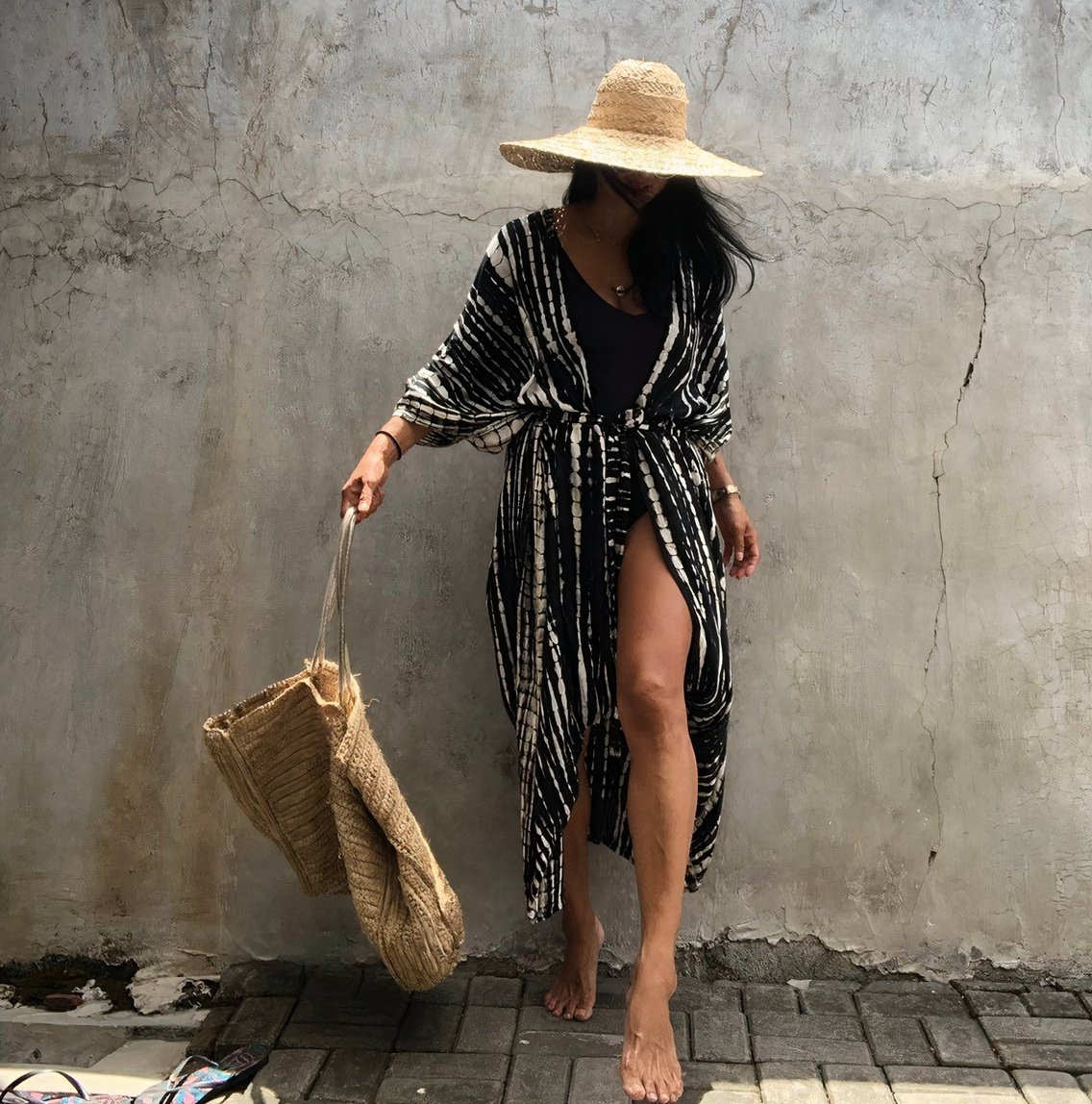 Abstract Print Beach Kimono - Open-Front Cover-Up with Tie