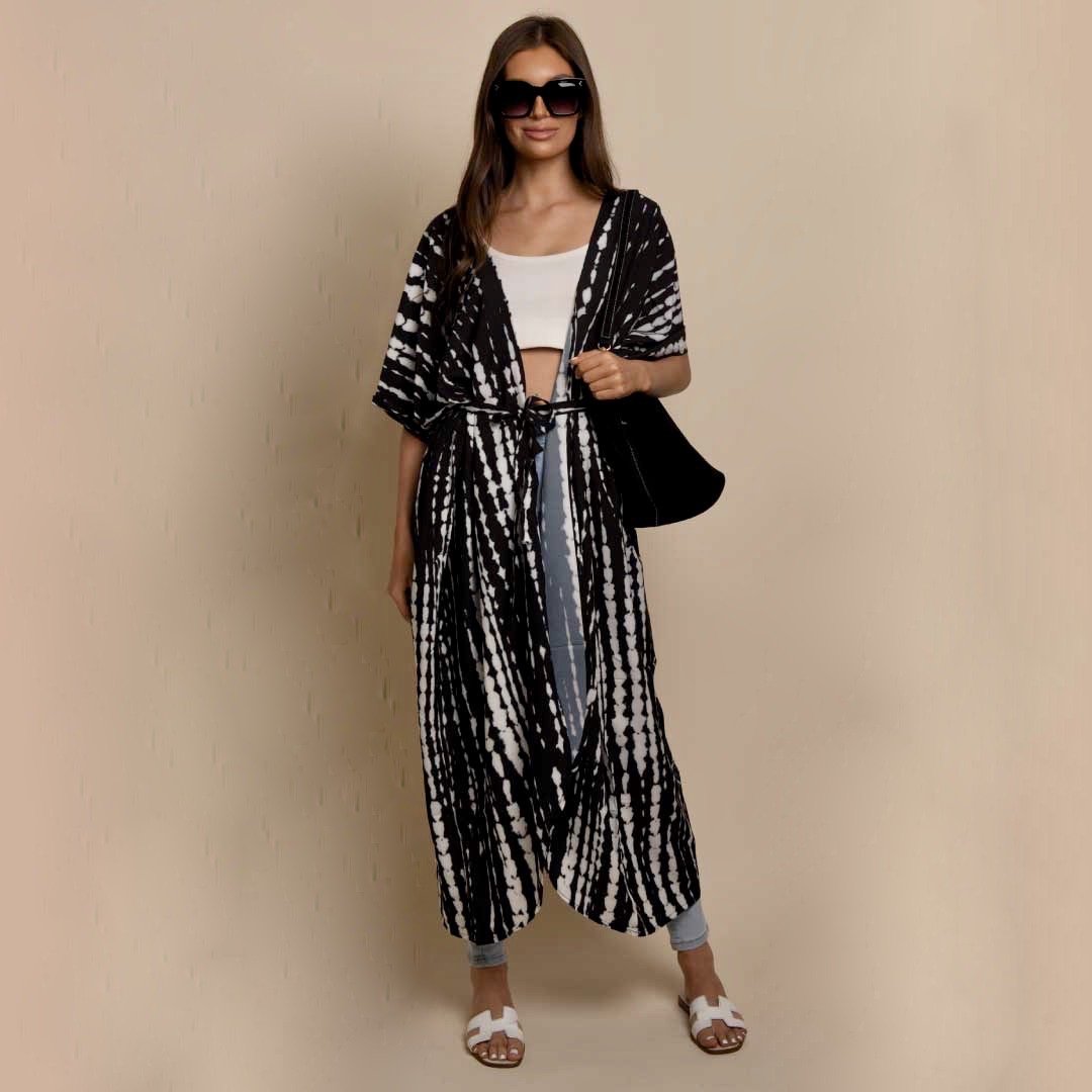 Abstract Print Beach Kimono - Open-Front Cover-Up with Tie