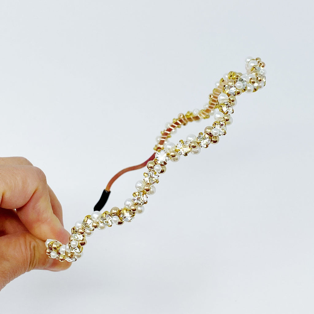 Bedazzled Crystal Headband - Pearl & Crystal Wavy Design