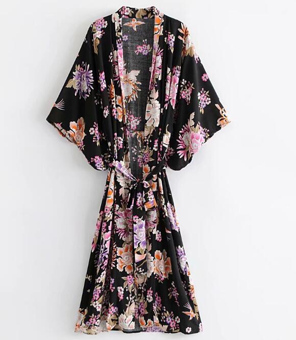Bohemian Floral Print Kimono Robe - Soft Cotton for Women