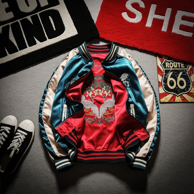 Bee Embroidered Reversible Baseball Jacket (Harajuku Style) - detail view