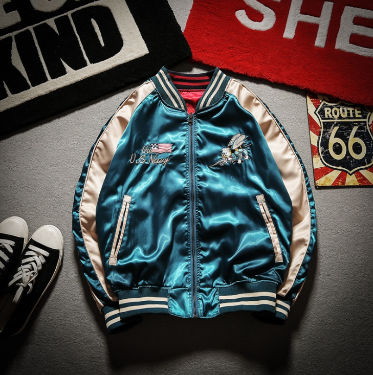 Bee Embroidered Reversible Baseball Jacket (Harajuku Style) - styled view