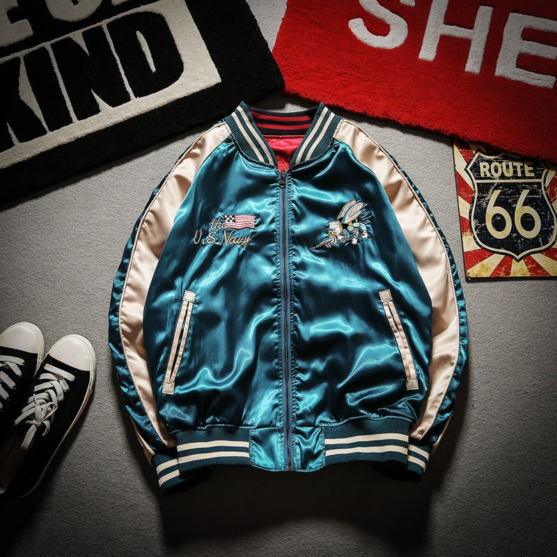Bee Embroidered Reversible Baseball Jacket (Harajuku Style) - close-up