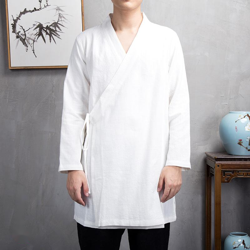 Mid-Length Hanfu Kimono for Men - Linen Temple & Casual Wear
