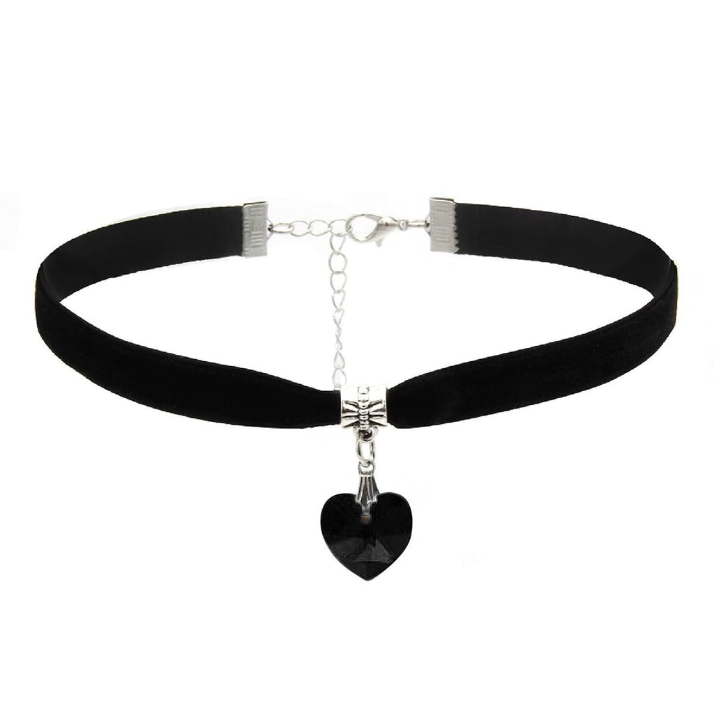 Black Velvet Heart Choker Necklace - Adjustable Soft Collar Chain for Cosplay and Parties - front view
