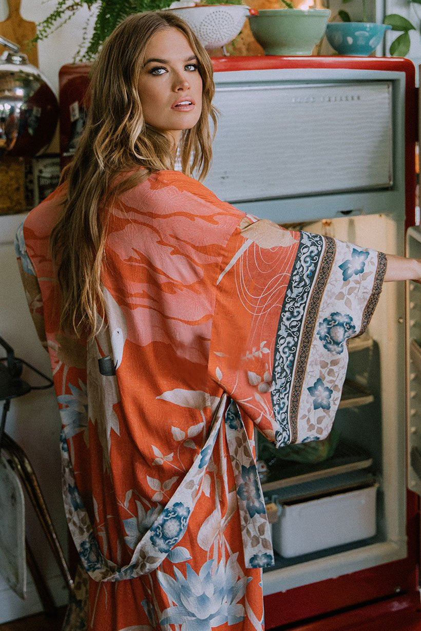 Floral Kimono Beach Cover-Up - Lightweight Rayon Crane Print