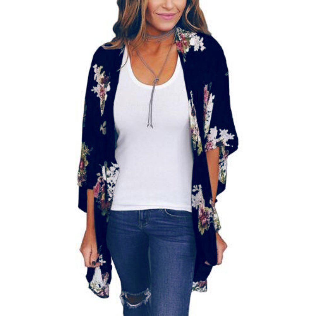 Flower Print Kimono - Loose Polyester Open Blouse Layer