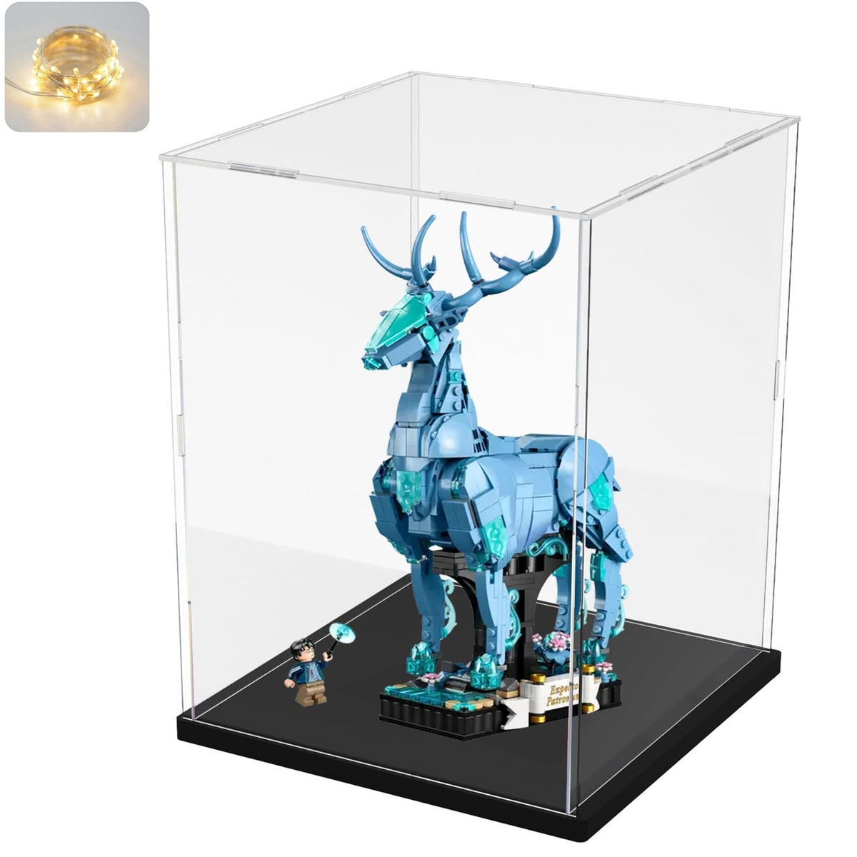 Clear Acrylic Display Case with LED String Light - Dustproof Collectible Box, 9.8x9.8x11.8 - detail view
