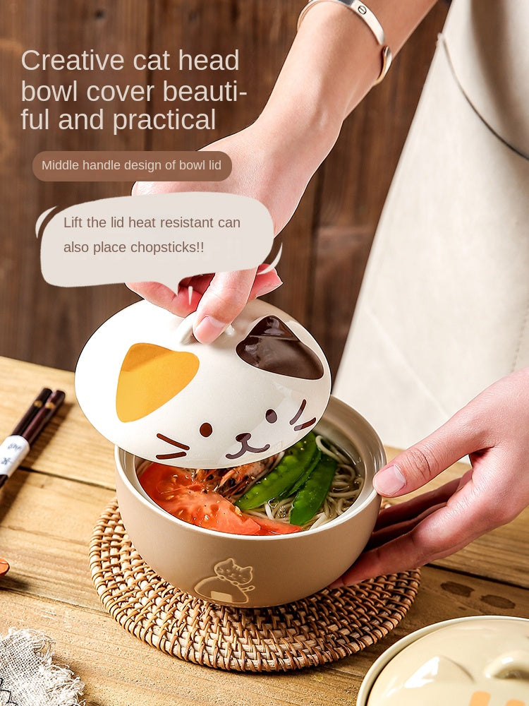 Cute Cat Ceramic Bowl for Soup, Noodles, and Salad - detail view