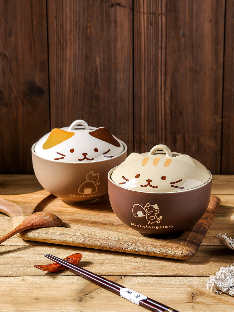 Cute Cat Ceramic Bowl for Soup, Noodles, and Salad - side view