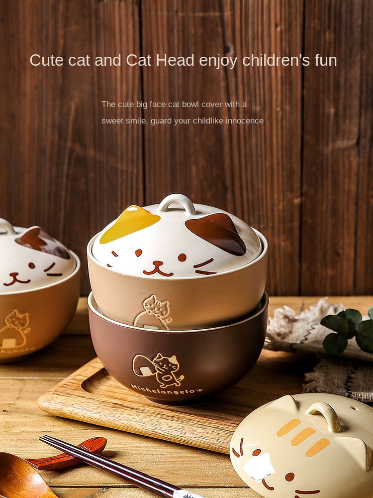 Cute Cat Ceramic Bowl for Soup, Noodles, and Salad - styled view