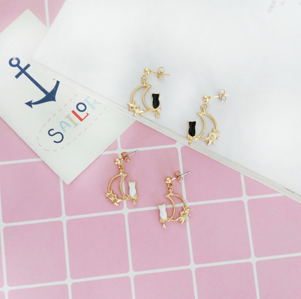 Cute Cat Earrings and Moon Ear Cuffs - front view