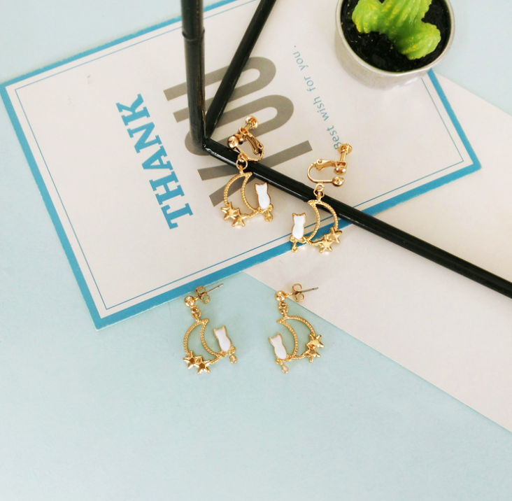 Cute Cat Earrings and Moon Ear Cuffs - detail view