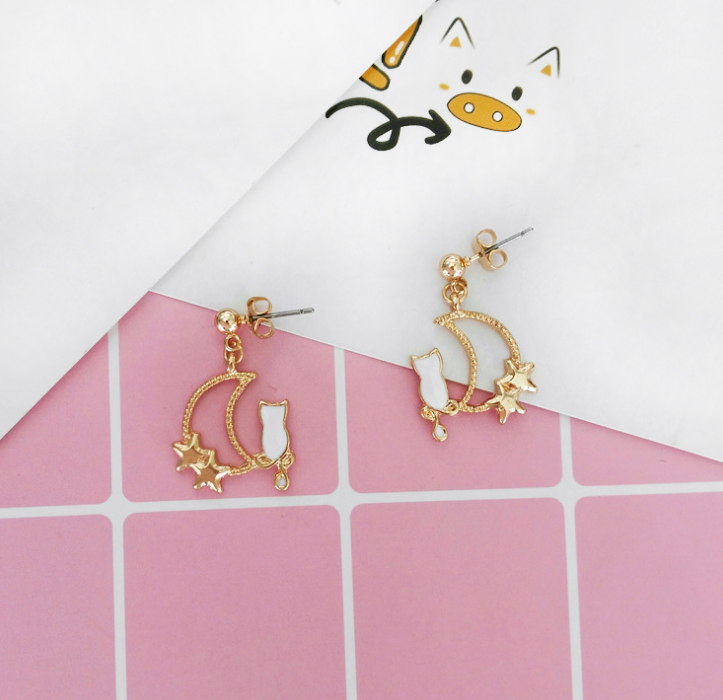 Cute Cat Earrings and Moon Ear Cuffs - side view