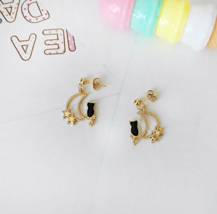 Cute Cat Earrings and Moon Ear Cuffs - styled view