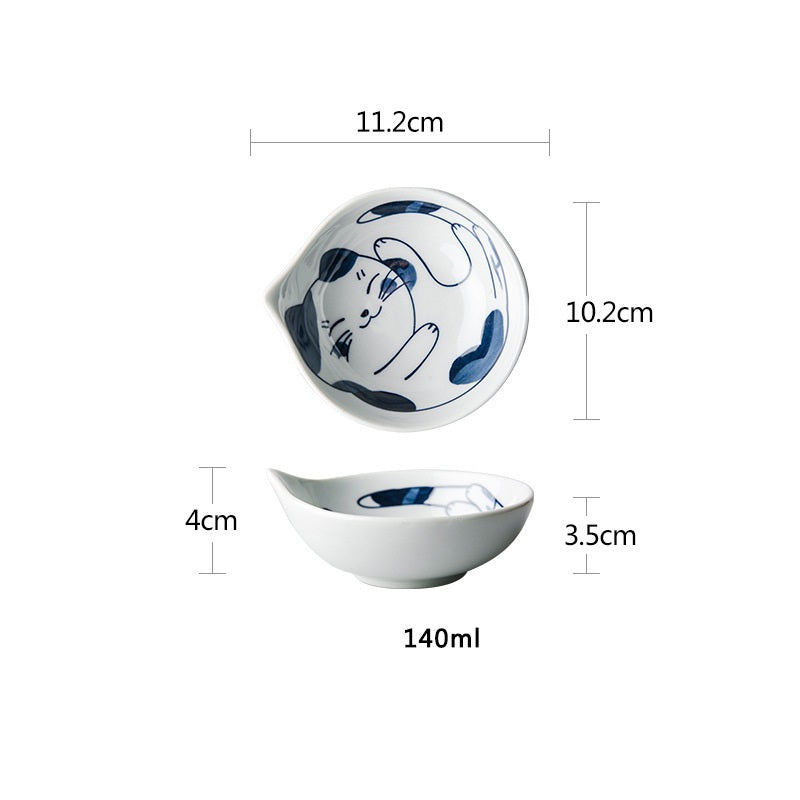 Cute Cat Japanese Cartoon Water Drop Rice Bowl Set - side view