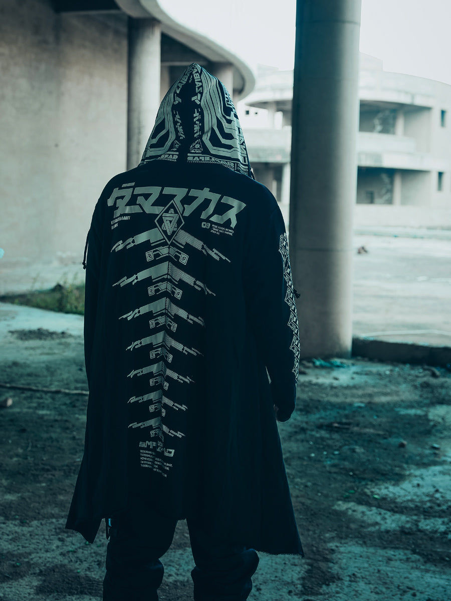 Cyberpunk Long Overcoat with Hooded Cape for Men - front view