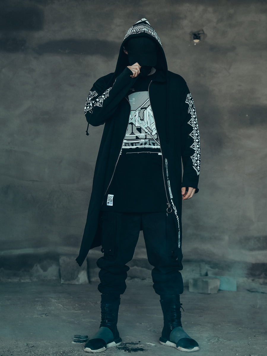 Cyberpunk Long Overcoat with Hooded Cape for Men - detail view