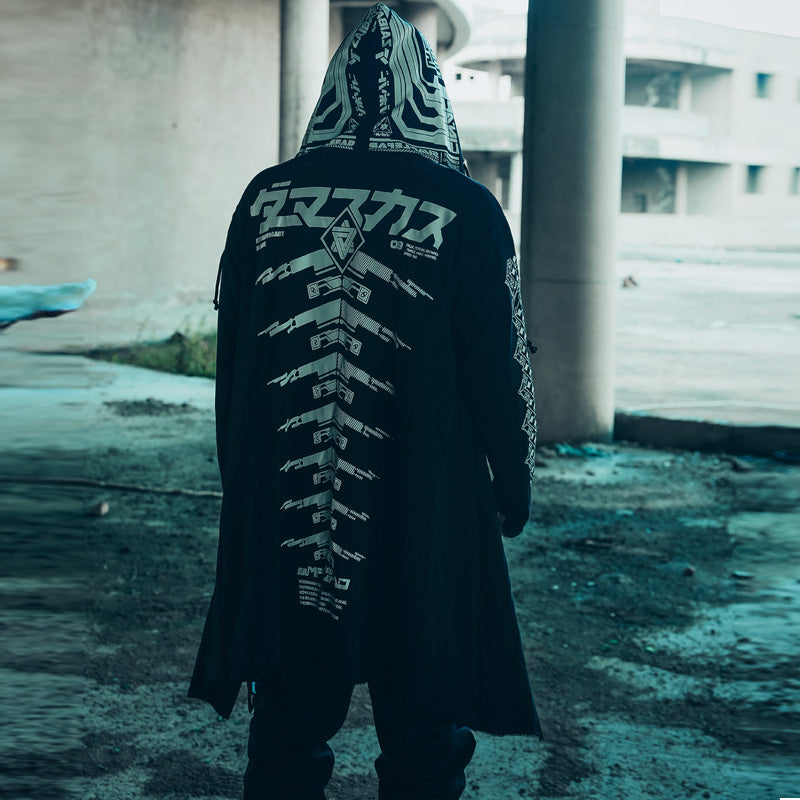 Cyberpunk Long Overcoat with Hooded Cape for Men - side view