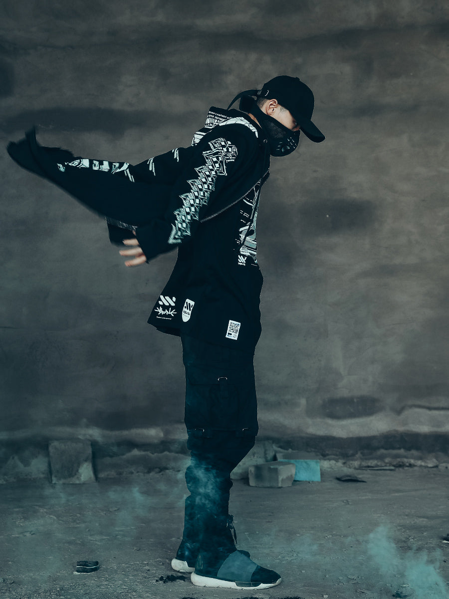 Cyberpunk Long Overcoat with Hooded Cape for Men - styled view