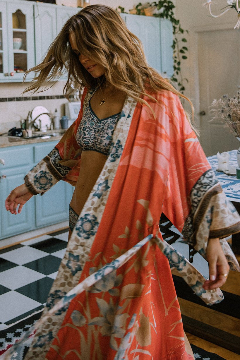 Floral Kimono Beach Cover-Up - Lightweight Rayon Crane Print