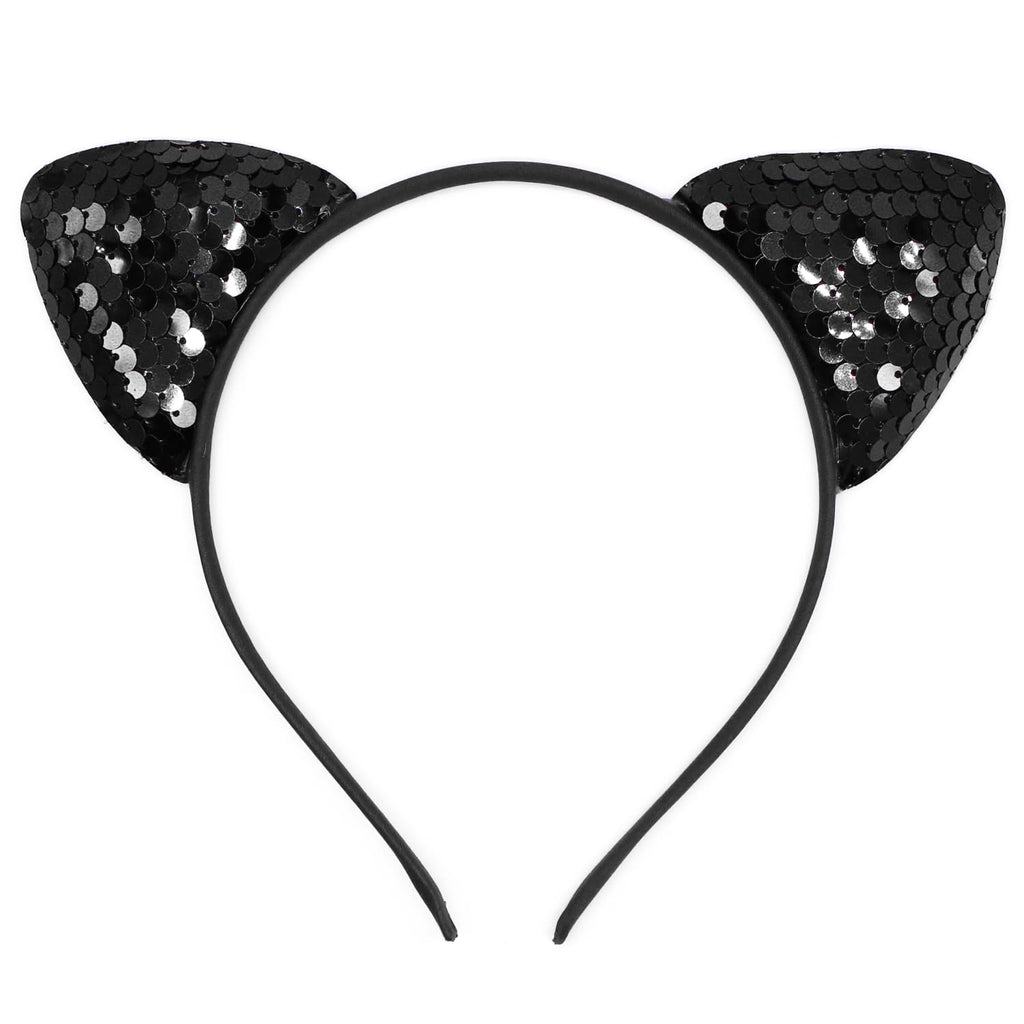 Dohia Reversible Sequin Cat Ears Headband Shiny Metal Hoop Hair Accessories for Women - front view