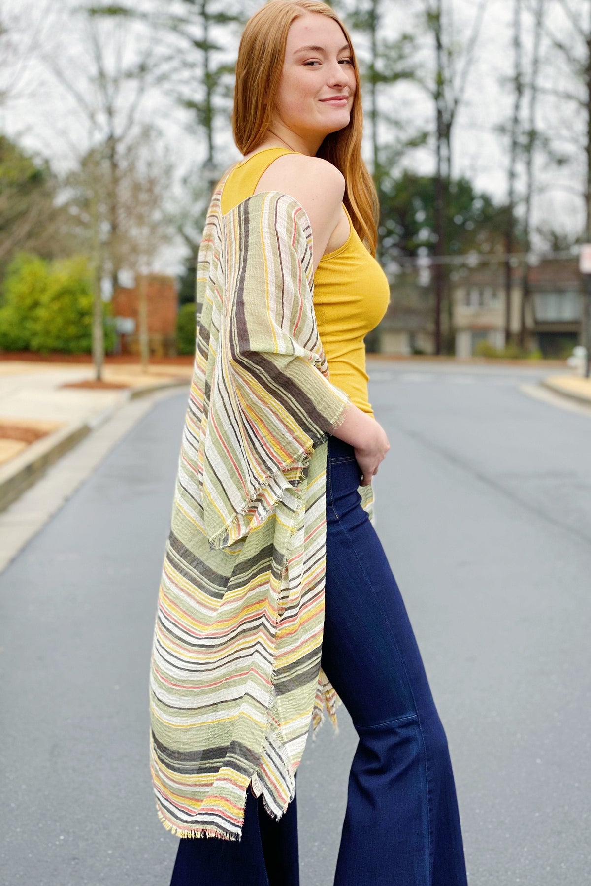 Multi Stripe Open Kimono - Lightweight Sheer Woven Fabric